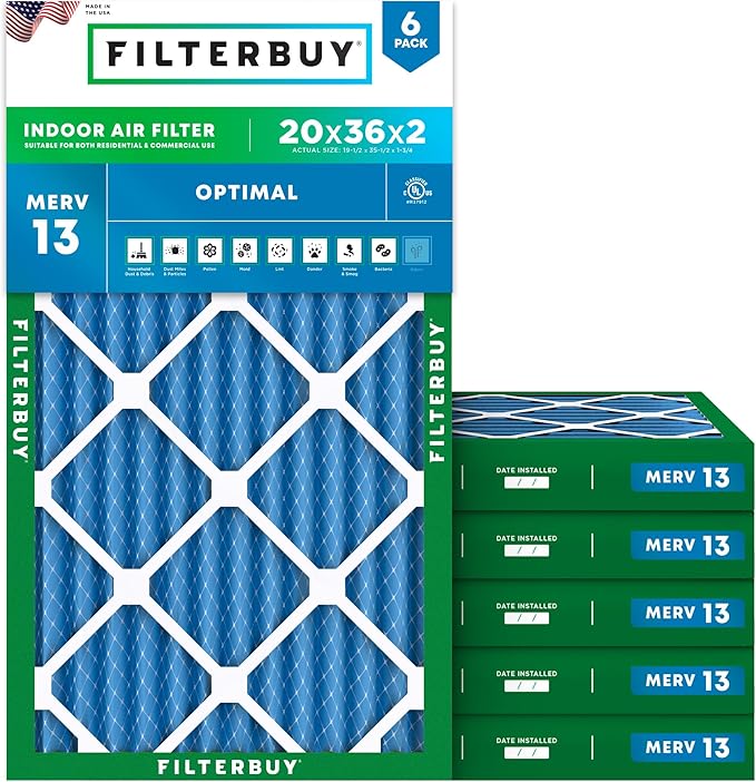 Filterbuy 20x36x2 Air Filter MERV 13 Optimal Smoke & Allergy Defense (6-Pack), Electrostatic Pleated HVAC AC Furnace Filters Replacement, Made in USA (Actual Size: 19.50 x 35.50 x 1.75)