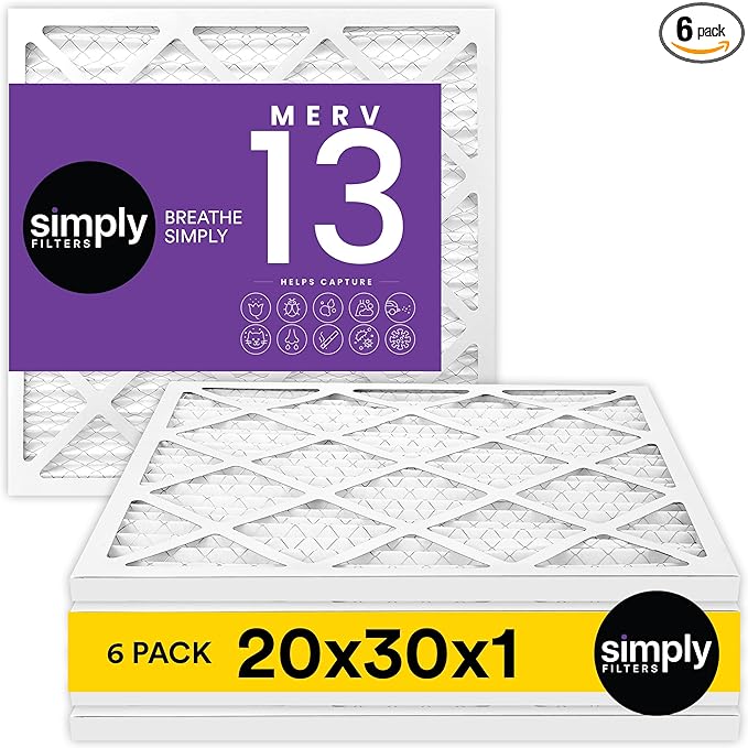Simply 20x30x1 Air Filter, Merv 13, 6 Pack, For Home AC Furnace & HVAC (Actual Size: 19.75"x29.75"x0.75") DUST, Pet, & Allergy Control