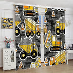 Kids Construction Excavator Window Curtains, Yellow Excavator Transporter Truck Cartoon Vehicles Rod Pocket Decorative Window Curtain for Children Teens Room 52x84in (30% Blackout)