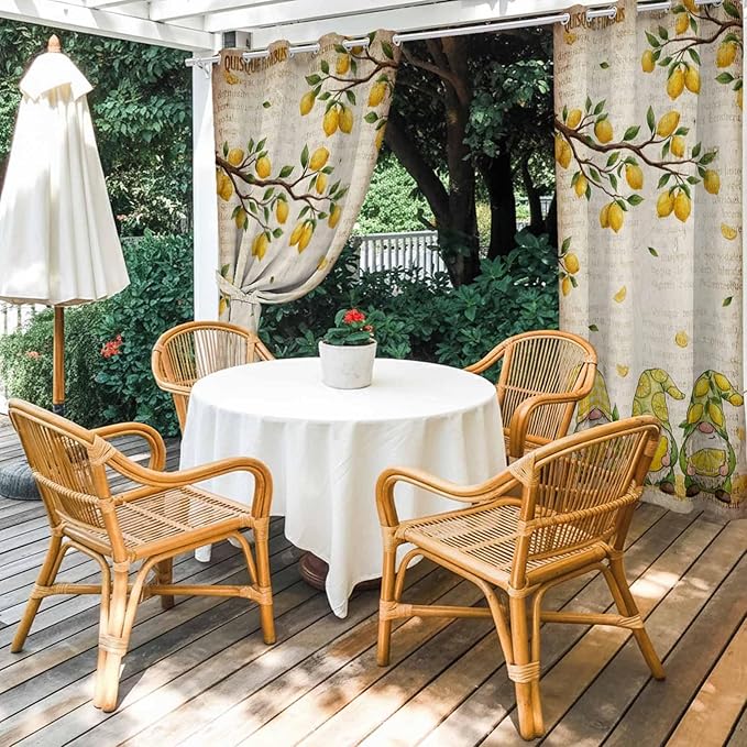 Summer Gnome Outdoor Curtains for Patio Gnome Lemon Leaf Vintage Waterproof Outside Curtains with Grommet Top Weatherproof Curtain for Cabana Pergola Gazebo, 1 Panel, 54" W x 84" L