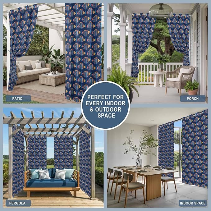 Fish Outdoor Curtains for Patio Vintage National Wind Fish Blue Waterproof Outside Curtains with Grommet Top Weatherproof Curtain for Cabana Pergola Gazebo, 1 Panel, 54" W x 84" L