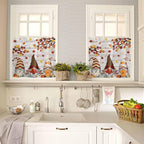 Fall Gnomes Kitchen Curtain Set, Thanksgiving Maple Leaf Grey Wood Grain Window Valance and Tiers 36" Length, Light Filtering Short Curtains Valance for Cafe Bathroom Bedroom 54"x18"