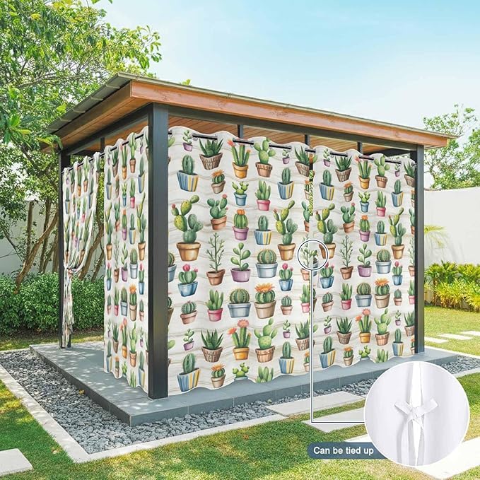 Summer Cactus Outdoor Curtains for Patio Cactus Tropical Plant Wooden Waterproof Outside Curtains with Grommet Top Weatherproof Curtain for Cabana Pergola Gazebo, 2 Pack, 54" W x 95" L