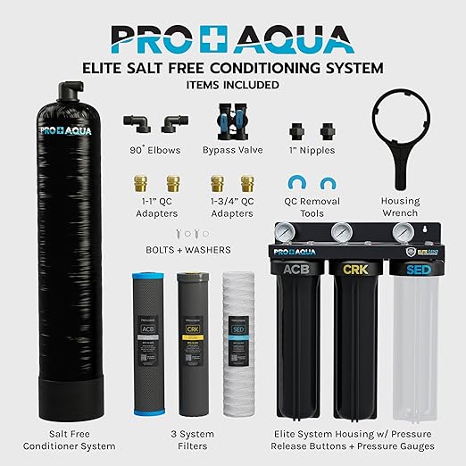 PRO+AQUA Elite Whole House Water Filter 3 Stage Well Water Filtration System w/Gauges, PR Button, 1” Ports, Filter Set (15 GPM Salt-Free Bundle)