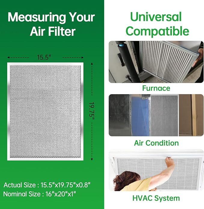 16x20x1 Air Filter Electrostatic Filter Reusable Washable HVAC AC Furnace Filter,MERV 8,Lasts a Lifetime, Healthier Home or Office(Actual Size:15.5x19.75x0.8 Inch)