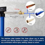 iSpring WGB22B-PB+AHPF12MNPT16X2 2-Stage Whole House Water Filtration System with 20” x 4.5” Carbon Block and Lead Reducing Filters and 3/4" Push-fit Stainless Steel Hose Connectors, Blue