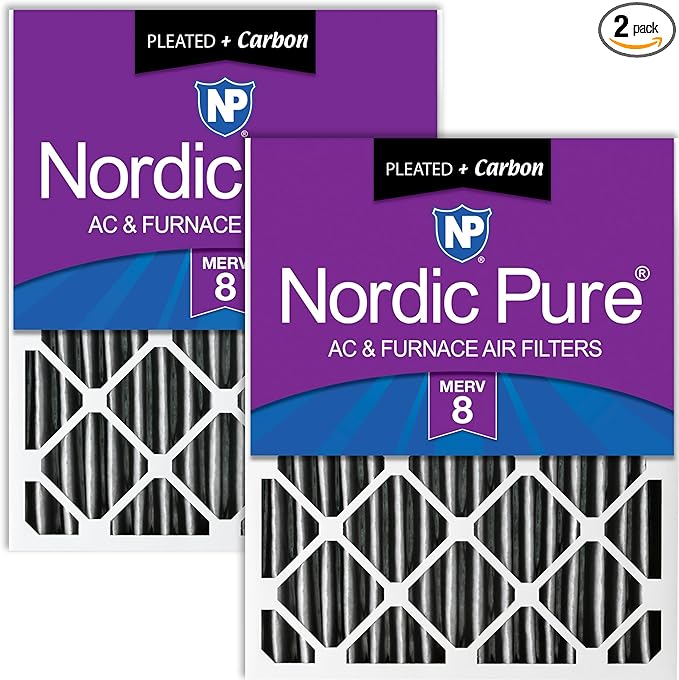 Nordic Pure 20x20x4 (Actual Size: 19 1/2 x 19 1/2 x 3 5/8) Pleated Plus Carbon Air Filters MERV 8 2 Pack