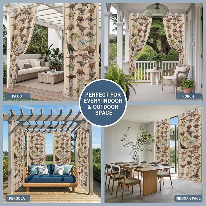 Vintage Outdoor Curtains for Patio Dinosaurs Biographies Retro Waterproof Outside Curtains with Grommet Top Weatherproof Curtain for Cabana Pergola Gazebo, 1 Panel, 54" W x 95" L