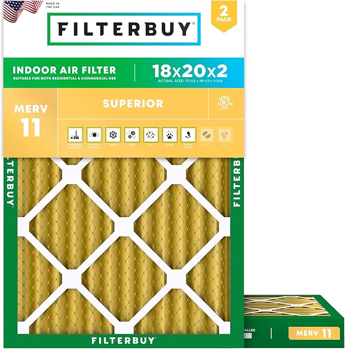 Filterbuy 18x20x2 Air Filter MERV 11 Superior Pet & Allergy Defense (2-Pack), Electrostatic Pleated HVAC AC Furnace Filters Replacement, Made in USA (Actual Size: 17.50 x 19.50 x 1.75)