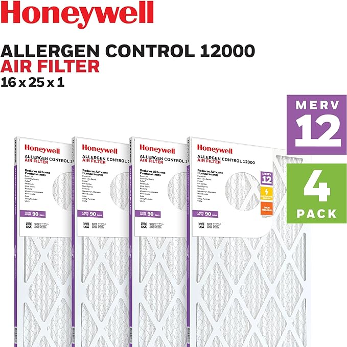Honeywell 16x25x1 MERV 12 Electrostatic Pleated HVAC AC Furnace Air Filter (4-Pack) | Replacement Filter for Home Use | Made in USA