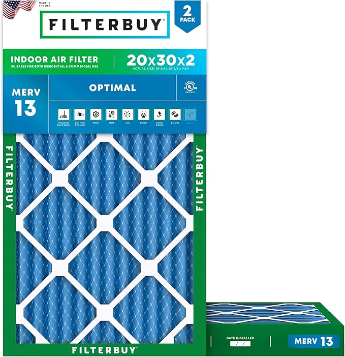 Filterbuy 20x30x2 Air Filter MERV 13 Optimal Smoke & Allergy Defense (2-Pack), Electrostatic Pleated HVAC AC Furnace Filters Replacement, Made in USA (Actual Size: 19.75 x 29.75 x 1.75)