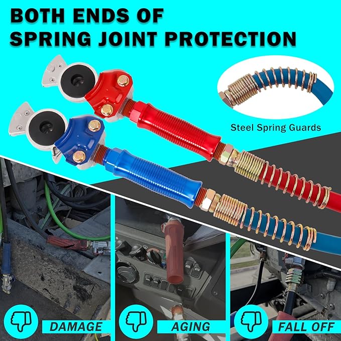 CheeMuii 12 FT Semi Truck Air Line Kit With Gladhand Holder and Springs - Red & Blue Brake Hoses and 7 Way Trailer Cord 3-in-1 for Tractor