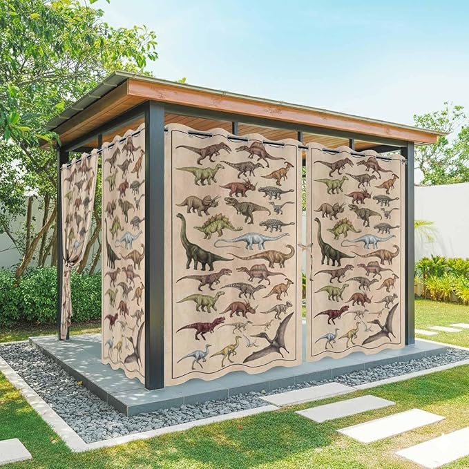 Vintage Outdoor Curtains for Patio Dinosaurs Biographies Retro Waterproof Outside Curtains with Grommet Top Weatherproof Curtain for Cabana Pergola Gazebo, 2 Pack, 54" W x 108" L