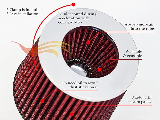 RED 3.5" 89 mm Inlet Truck Air Cone Replacement Performance Washable Clamp-On Dry Air Filter (8" Tall)