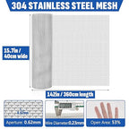 30 Mesh 304 Stainless Steel Mesh Screen, 15.7'' x 142''(40cm x 360cm) Wire Screen Mesh, Rust Free Woven Wire Mesh, Metal Mesh Screen for Air Vents, Window Screen, Filters, Garden Covers