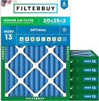 Filterbuy 20x25x2 Air Filter MERV 13 Optimal Smoke & Allergy Defense (6-Pack), Electrostatic Pleated HVAC AC Furnace Filters Replacement, Made in USA (Actual Size: 19.50 x 24.50 x 1.75)