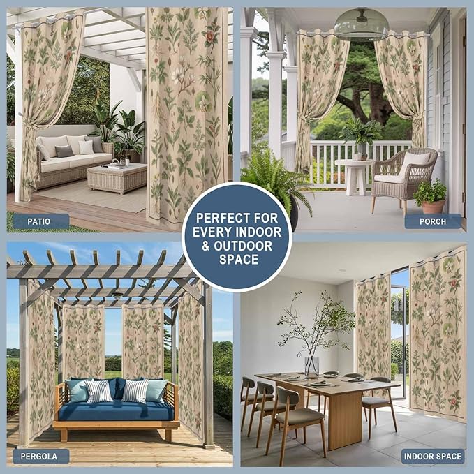 Vintage Outdoor Curtains for Patio Grass Herbal Botanical Garden Plants Waterproof Outside Curtains with Grommet Top Weatherproof Curtain for Cabana Pergola Gazebo, 2 Pack, 54" W x 95" L