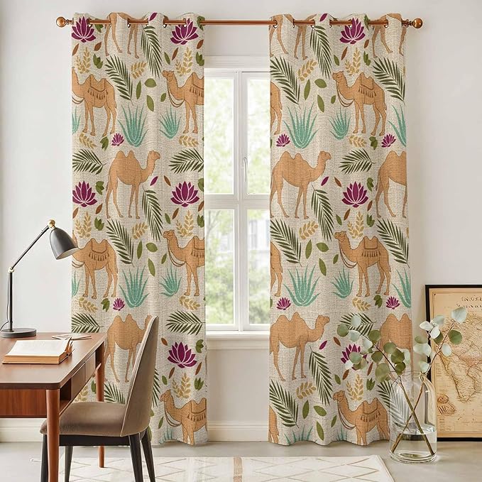 2 Panel Kitchen Cafe Curtains, Desert Camels Sunlight Filtering Nature Air Through, Home Decor Window Covering Tier Curtains for Living Room 104W x 96L inch Vintage Sand Animals Aloe Vera Leaves Beige