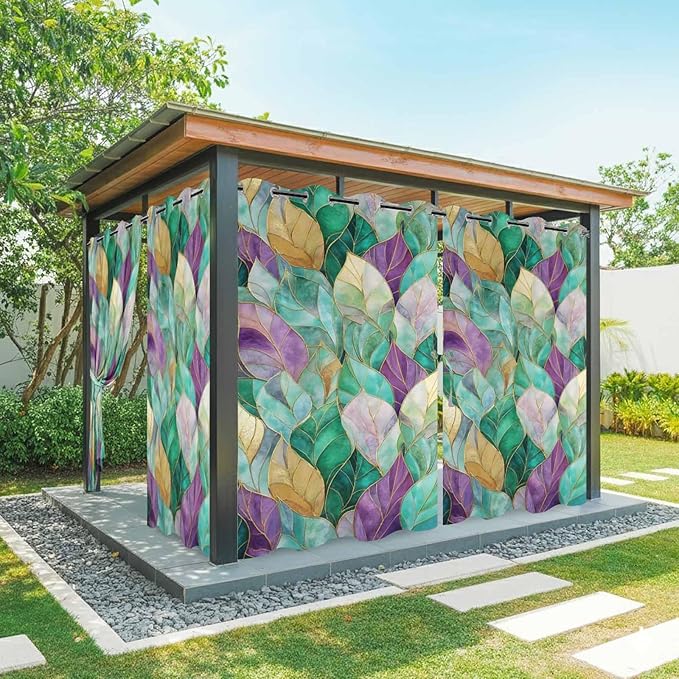 Leaves Outdoor Curtains for Patio Gorgeous Leaf Abstract Spring Waterproof Outside Curtains with Grommet Top Weatherproof Curtain for Cabana Pergola Gazebo, 1 Panel, 54" W x 108" L