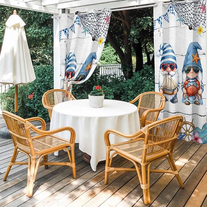 Ocean Gnome Outdoor Curtains for Patio Summer Marine Plumeria Shell Wooden Waterproof Outside Curtains with Grommet Top Weatherproof Curtain for Cabana Pergola Gazebo, 1 Panel, 54" W x 108" L