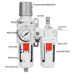 NANPU 1/2" NPT Compressed Air Filter Regulator Lubricator Combo Water/Oil Trap Separator - Gauge(0-150 psi), Poly Bowl, Semi-Auto Drain, Bracket - 3 in 1 Two Unit