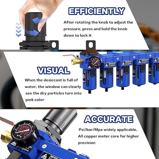 3/8'' NPT 5 Stage Air Drying System,5 &0.5 &0.01 Micron Filter Cartridge,Double Desiccant Dryers & Air Regulator,Metal Bowl, Semi-Auto Drain,Industrial Grade-Blue