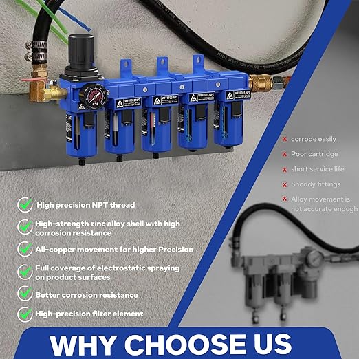 3/8'' NPT 5 Stage Air Drying System,5 &0.5 &0.01 Micron Filter Cartridge,Double Desiccant Dryers & Air Regulator,Metal Bowl, Semi-Auto Drain,Industrial Grade-Blue