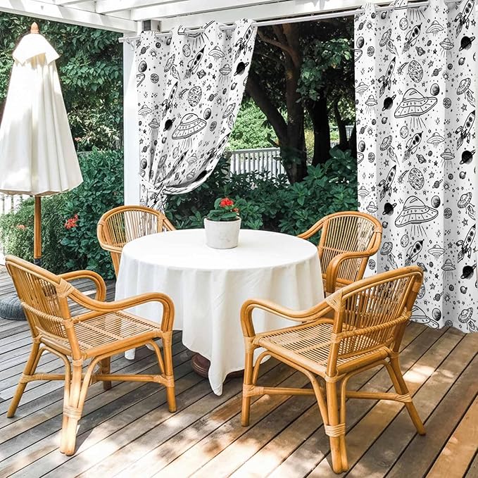 Cartoon Space Outdoor Curtains for Patio Rockets Astronauts Planets Black Waterproof Outside Curtains with Grommet Top Weatherproof Curtain for Cabana Pergola Gazebo, 1 Panel, 54" W x 108" L
