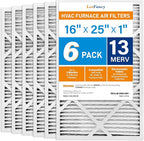 LotFancy 16x25x1 Air Filter MERV 13 6-Pack, Electrostatic Pleated HVAC Furnace Air Filter, Captures Pet Dander Smog Smoke, Actual Size: 15.75"x24.75"x0.75"