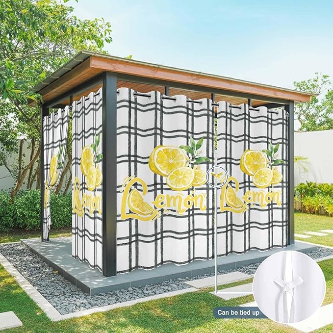 Lemon Outdoor Curtains for Patio Lemon Leaves Summer Plaid Buffalo Waterproof Outside Curtains with Grommet Top Weatherproof Curtain for Cabana Pergola Gazebo, 2 Pack, 54" W x 108" L