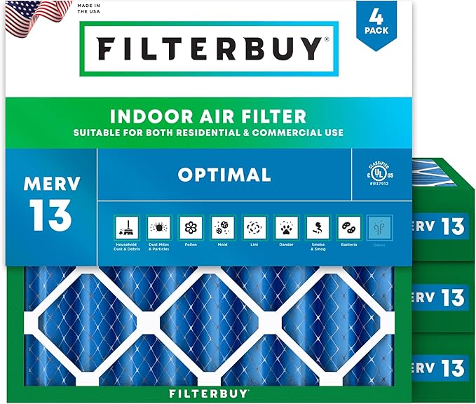 Filterbuy 14x14x4 Air Filter MERV 13 Optimal Smoke & Allergy Defense (4-Pack), Electrostatic Pleated HVAC AC Furnace Filters Replacement, Made in USA (Actual Size: 13.50 x 13.50 x 3.63)