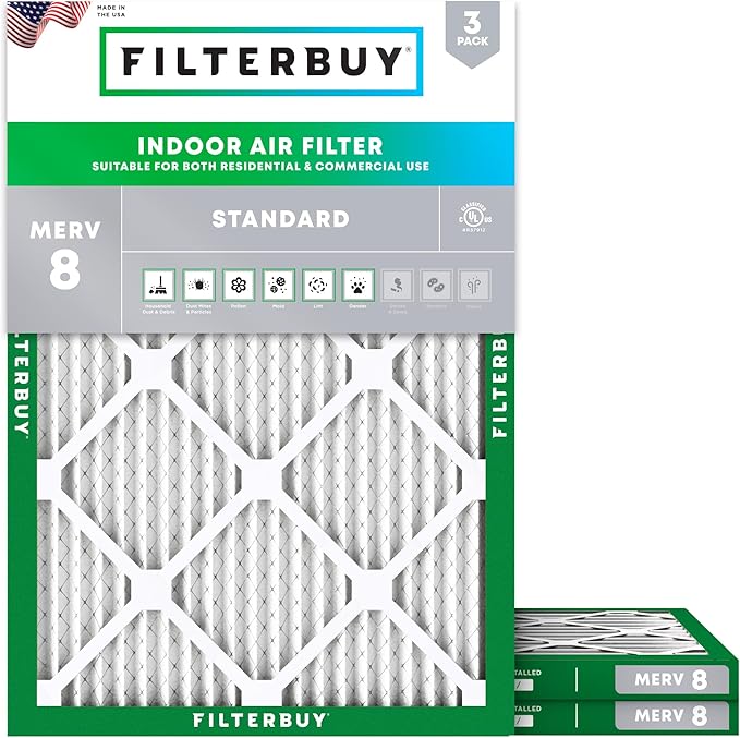 Filterbuy 16x22x1 Air Filter MERV 8 Essential Dust & Allergy Defense (3-Pack), Electrostatic Pleated HVAC AC Furnace Filters Replacement, Made in USA (Actual Size: 15.50 x 21.50 x 0.75)