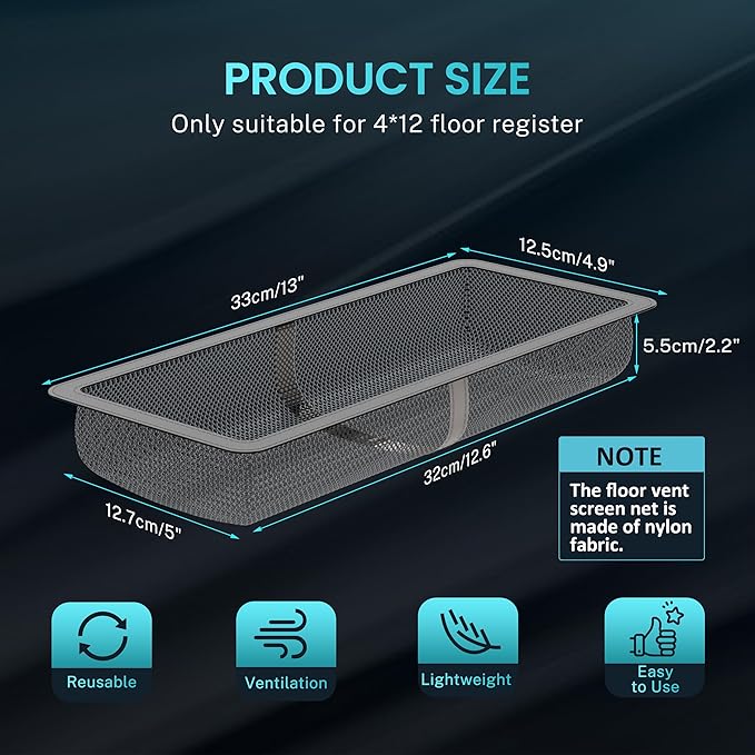 4 Pack Floor Register Cover Trap, HG Power 4 x 12 Inch Floor Vent Screen Net, Nylon Fabric Mesh Air Vent Filter for Home Floor, Catches Coins, Toys, Snacks, Pet Hair, Pet Food(4 Pcs Grey)