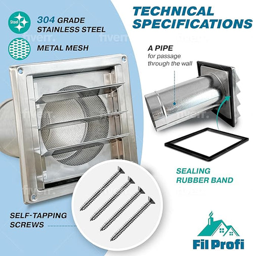 (6 Inch) Wall Vent Cover with Metal Mesh Screen,Exterior Hood Vent for House,Extended air Pipe.