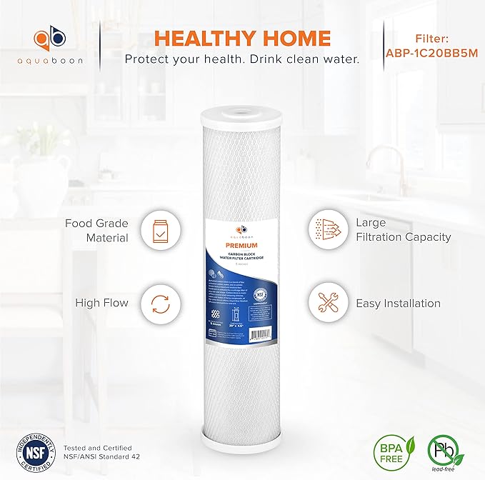 Aquaboon 5 Micron 20 x 4.5 Premium CTO Activated Carbon Water Filter Cartridge Replacement for Whole House Compatible with FC25B, EP-20BB, 1-PACK