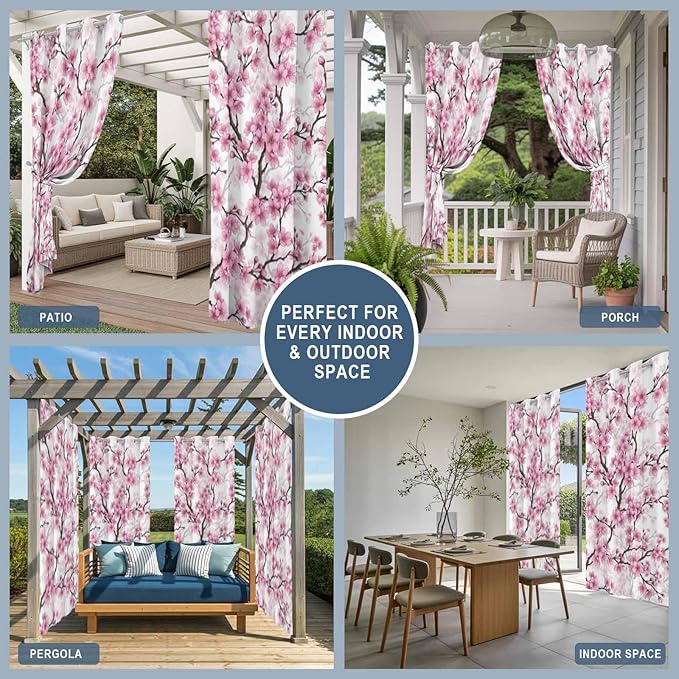 Cherry Flowers Outdoor Curtains for Patio Spring Flower Vintage Watercolor Waterproof Outside Curtains with Grommet Top Weatherproof Curtain for Cabana Pergola Gazebo, 2 Pack, 54" W x 84" L