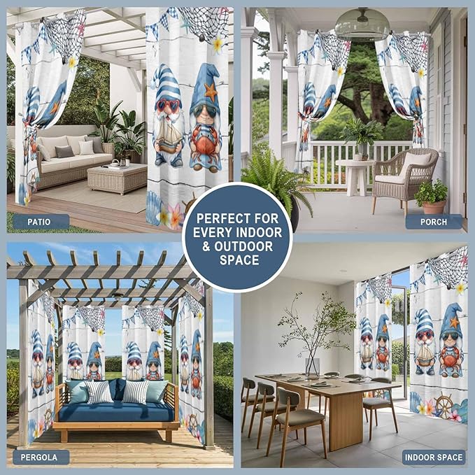 Ocean Gnome Outdoor Curtains for Patio Summer Marine Plumeria Shell Wooden Waterproof Outside Curtains with Grommet Top Weatherproof Curtain for Cabana Pergola Gazebo, 1 Panel, 54" W x 84" L