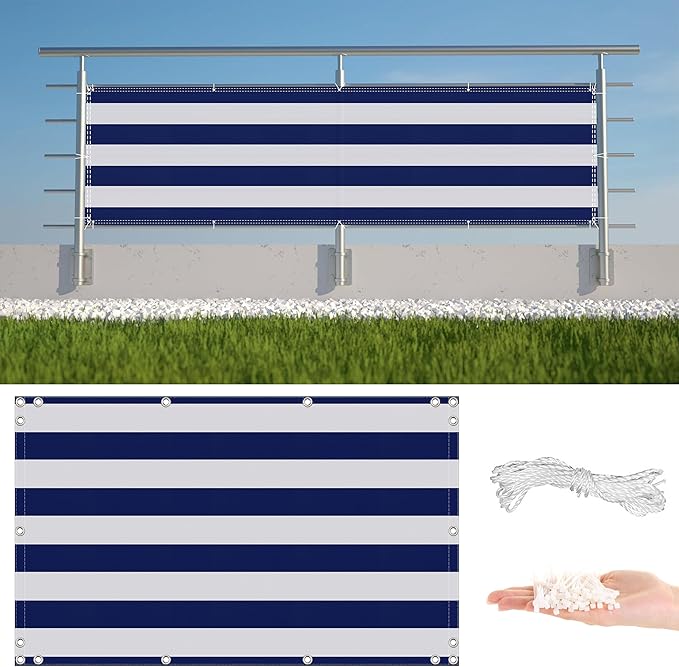 Privacy Fence 2.5' x 29.5' Durable and UV Resistant Privacy Screen Outdoor, Included Cable Zip Ties for Outdoor, Patio, Deck, Backyard Porch Privacy, Blue Stripes