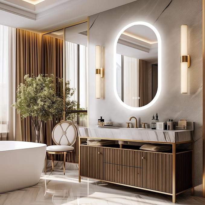 LUVODI Lighted LED Bathroom Mirror: 48x24IN Wall Mounted Dimmable 3 Colors Makeup Mirror with Bright Back Lit - Smart Mirror Anti Fog with Touch Switch Memory Function for Restroom Bedroom Living Room