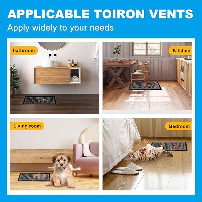 4 Packs Floor Register Vent Cover, 7"x13" Sticky Air Vent Screen Mesh Covers with Non-Magnetic Adhesive PET Gel - Securely Attaches to Plastic, Wood, Stone & More (Black)
