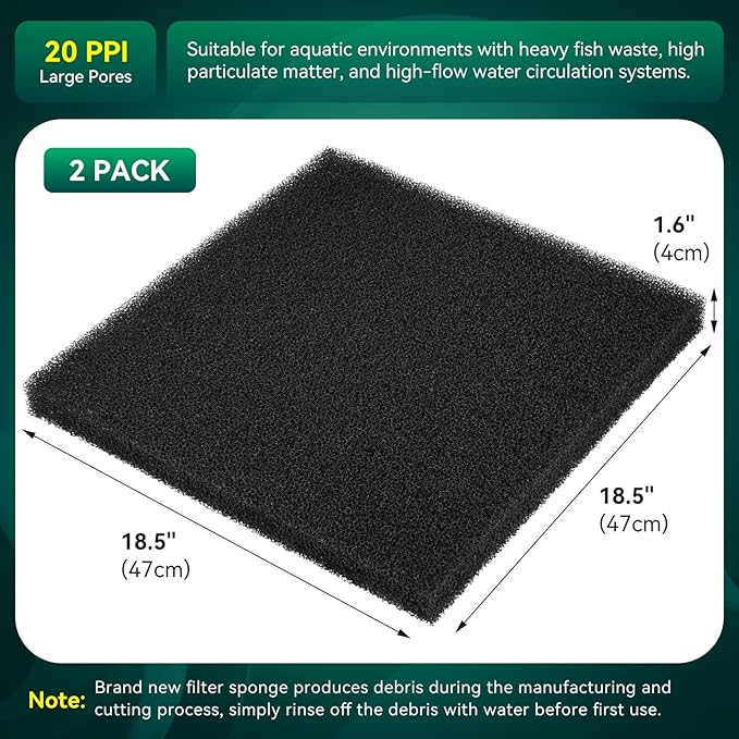 Borlech Aquarium Bio Filter Sponge Pad - Cut-to-Size Aquarium Filter Media for Fish Tank, Pond, Sump - Mechanical & Biological Filtration (18.5"x18.5"x1.6", 20PPI, 2 Pack)