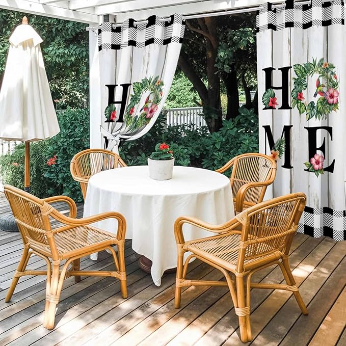 Summer Outdoor Curtains for Patio Leaves Garland Plumeria Wood Buffalo Plaid Waterproof Outside Curtains with Grommet Top Weatherproof Curtain for Cabana Pergola Gazebo, 2 Pack, 54" W x 95" L