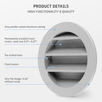 calimaero® WSGG 3" Inch Gray Round Metal Air Vent Grill Cover Flat Louver with Fly Screen Fits Only with Metal Ducts