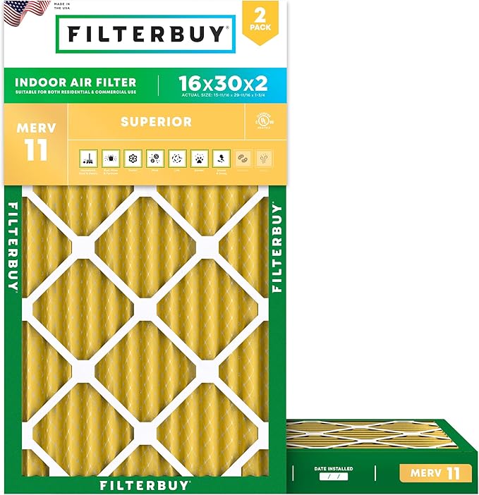 Filterbuy 16x30x2 Air Filter MERV 11 Superior Pet & Allergy Defense (2-Pack), Electrostatic Pleated HVAC AC Furnace Filters Replacement, Made in USA (Actual Size: 15.69 x 29.69 x 1.75)