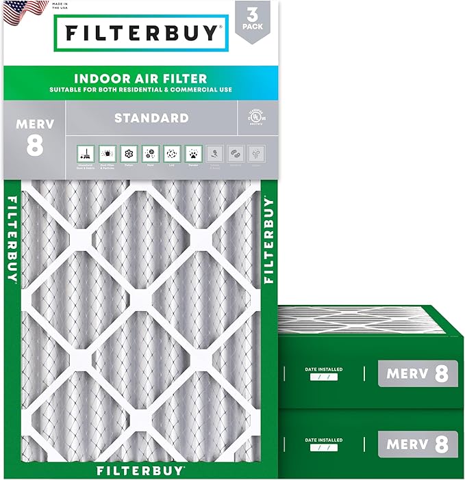 Filterbuy 12x24x4 Air Filter MERV 8 Essential Dust & Allergy Defense (3-Pack), Electrostatic Pleated HVAC AC Furnace Filters Replacement, Made in USA (Actual Size: 11.50 x 23.38 x 3.63)
