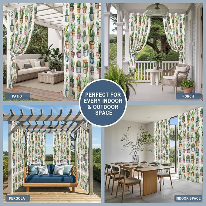 Summer Cactus Outdoor Curtains for Patio Cactus Tropical Plant Wooden Waterproof Outside Curtains with Grommet Top Weatherproof Curtain for Cabana Pergola Gazebo, 2 Pack, 54" W x 95" L