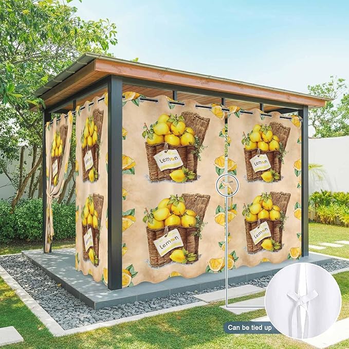 Lemon Outdoor Curtains for Patio Lemons in Baskets Summer Tropical Plant Brown Waterproof Outside Curtains with Grommet Top Weatherproof Curtain for Cabana Pergola Gazebo, 2 Pack, 54" W x 84" L