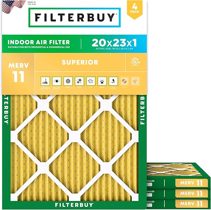 Filterbuy 20x23x1 Air Filter MERV 11 Superior Pet & Allergy Defense (4-Pack), Electrostatic Pleated HVAC AC Furnace Filters Replacement, Made in USA (Actual Size: 19.50 x 22.50 x 0.75)