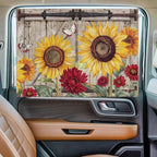 Sunflowers Magnetic Double Layer Car Window Shades,Side Window Curtains for Blackout/Breathable Mesh View,Retro Flower Barn Doors Butterfly Farmhouse Brown Heat Protection Sun Shades 26x20in 1pcs
