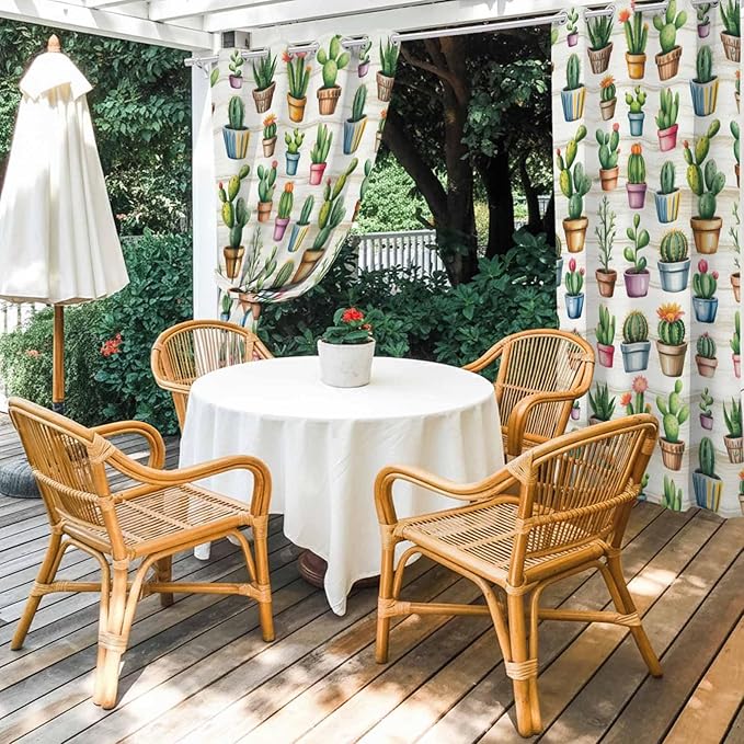 Summer Cactus Outdoor Curtains for Patio Cactus Tropical Plant Wooden Waterproof Outside Curtains with Grommet Top Weatherproof Curtain for Cabana Pergola Gazebo, 2 Pack, 54" W x 95" L